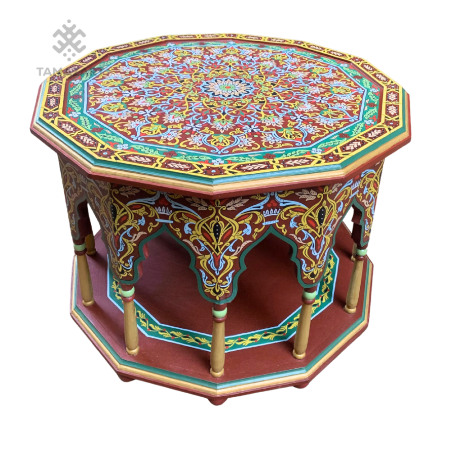 Moroccan Octagonal Side Table, Hand‑Painted Zouaq Mandala Art, Solid Wood Boho Coffee Table